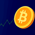 Bitcoin coin with market trend line showing crypto market growth.