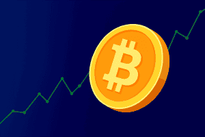 Bitcoin coin with market trend line showing crypto market growth.