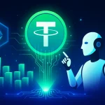 An illustration of floating tether coin with a robot pointing his finger to it.