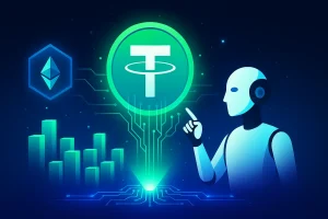 An illustration of floating tether coin with a robot pointing his finger to it.