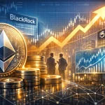 A clean, high‑end financial editorial illustration showing a large, polished Ethereum symbol in the foreground, rendered in silver with soft blue reflections. Behind it, abstract institutional silhouettes and glass‑tower architecture evoke BlackRock‑style and mining‑infrastructure environment. Subtle holographic charts rise upward, with thin, elegant blue and gold lines suggesting accumulation and reduced liquid supply. The background features a soft white‑to‑cool‑gray gradient with faint network nodes and liquidity‑flow patterns.
