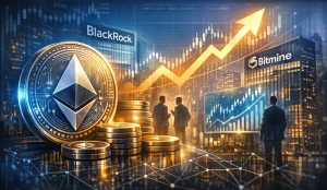 A clean, high‑end financial editorial illustration showing a large, polished Ethereum symbol in the foreground, rendered in silver with soft blue reflections. Behind it, abstract institutional silhouettes and glass‑tower architecture evoke BlackRock‑style and mining‑infrastructure environment. Subtle holographic charts rise upward, with thin, elegant blue and gold lines suggesting accumulation and reduced liquid supply. The background features a soft white‑to‑cool‑gray gradient with faint network nodes and liquidity‑flow patterns.