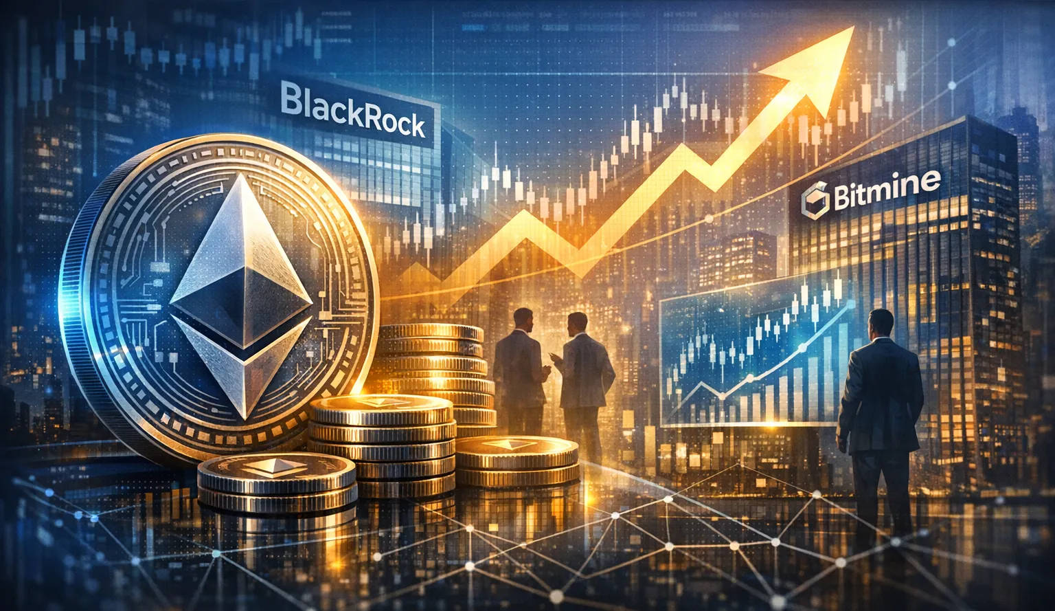 A clean, high‑end financial editorial illustration showing a large, polished Ethereum symbol in the foreground, rendered in silver with soft blue reflections. Behind it, abstract institutional silhouettes and glass‑tower architecture evoke BlackRock‑style and mining‑infrastructure environment. Subtle holographic charts rise upward, with thin, elegant blue and gold lines suggesting accumulation and reduced liquid supply. The background features a soft white‑to‑cool‑gray gradient with faint network nodes and liquidity‑flow patterns.