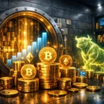 A photorealistic futuristic financial vault glowing with BTC and digital assets.