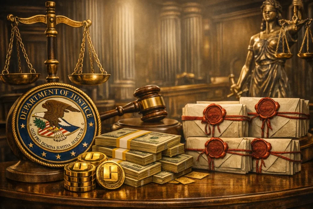 a courtroom‑themed composition emphasizing justice and restitution.