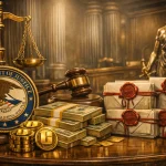 a courtroom‑themed composition emphasizing justice and restitution.