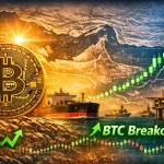 golden Bitcoin coin, Strait of Hormuz backdrop, oil tanker, and candlestick chart intact