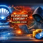 Scallop logo, hacker silhouette, exploit headline, SUI tokens
