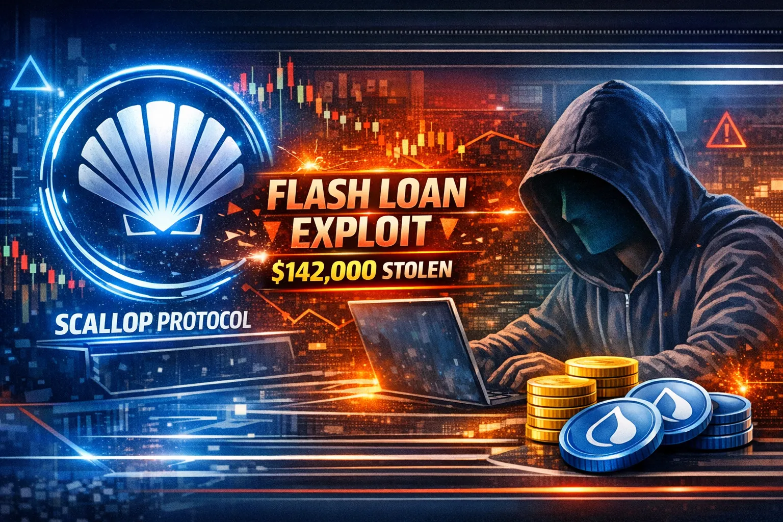 Scallop logo, hacker silhouette, exploit headline, SUI tokens
