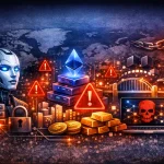 A cyber‑themed digital illustration showing vulnerabilities across cryptocurrency sectors. A robotic head with glowing blue eyes represents AI; stacked servers and a padlock signal security risks. In the center, glowing Ethereum blocks and a red warning triangle highlight DeFi threats. On the right, a bridge and laptop with a red skull symbolize Layer‑2 exploit dangers. The background features a world map with glowing nodes, broken chains, and red alert icons.