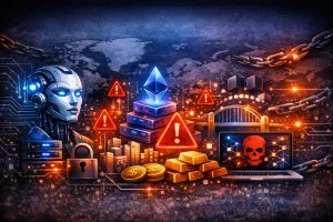 A cyber‑themed digital illustration showing vulnerabilities across cryptocurrency sectors. A robotic head with glowing blue eyes represents AI; stacked servers and a padlock signal security risks. In the center, glowing Ethereum blocks and a red warning triangle highlight DeFi threats. On the right, a bridge and laptop with a red skull symbolize Layer‑2 exploit dangers. The background features a world map with glowing nodes, broken chains, and red alert icons.