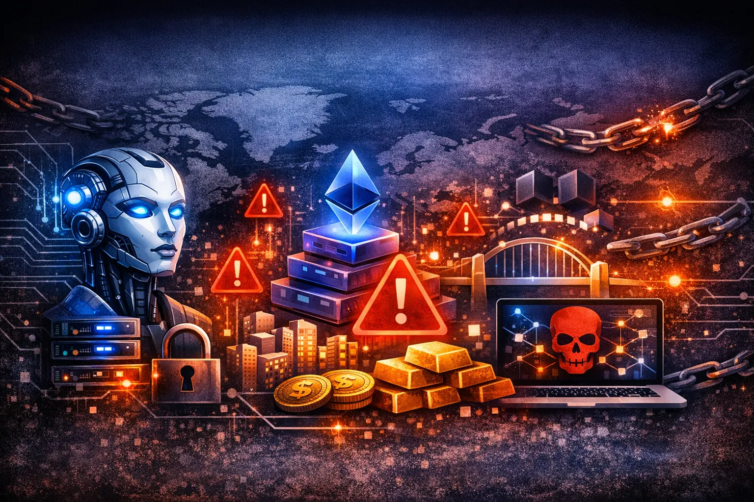 A cyber‑themed digital illustration showing vulnerabilities across cryptocurrency sectors. A robotic head with glowing blue eyes represents AI; stacked servers and a padlock signal security risks. In the center, glowing Ethereum blocks and a red warning triangle highlight DeFi threats. On the right, a bridge and laptop with a red skull symbolize Layer‑2 exploit dangers. The background features a world map with glowing nodes, broken chains, and red alert icons.