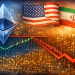 Ethereum logo and the candlestick chart, with the U.S. and Iranian flags.