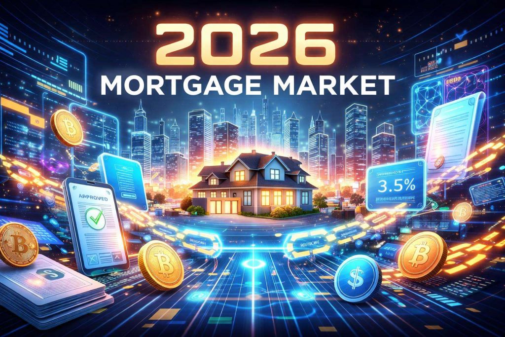 A 16:9 futuristic illustration of the 2026 mortgage market blending traditional home finance imagery with crypto elements: digital ledgers and blockchain nodes, holographic mortgage rates, crypto coin logos, smart contract icons, city skyline in the background with mortgage documents transforming into blockchain chains, overlays of high-tech financial dashboard, color palette of cool blues and warm golds, with bold typography '2026 Mortgage Market'