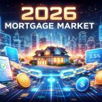 A 16:9 futuristic illustration of the 2026 mortgage market blending traditional home finance imagery with crypto elements: digital ledgers and blockchain nodes, holographic mortgage rates, crypto coin logos, smart contract icons, city skyline in the background with mortgage documents transforming into blockchain chains, overlays of high-tech financial dashboard, color palette of cool blues and warm golds, with bold typography '2026 Mortgage Market'