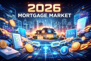 A 16:9 futuristic illustration of the 2026 mortgage market blending traditional home finance imagery with crypto elements: digital ledgers and blockchain nodes, holographic mortgage rates, crypto coin logos, smart contract icons, city skyline in the background with mortgage documents transforming into blockchain chains, overlays of high-tech financial dashboard, color palette of cool blues and warm golds, with bold typography '2026 Mortgage Market'
