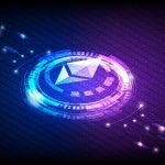 A digital illustration features the Ethereum logo in a futuristic, glowing design with blue and purple light effects. Ethereum is a decentralized blockchain platform that supports smart contracts and decentralized applications, with its native cryptocurrency Ether (ETH) used for transactions and staking.