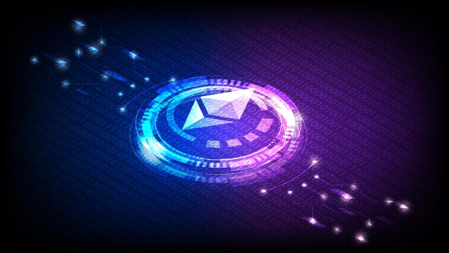 A digital illustration features the Ethereum logo in a futuristic, glowing design with blue and purple light effects. Ethereum is a decentralized blockchain platform that supports smart contracts and decentralized applications, with its native cryptocurrency Ether (ETH) used for transactions and staking.