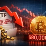Digital illustration showing Bitcoin ETF outflows impacting market value — a red downward arrow labeled “ETF Outflows” points toward a golden Bitcoin coin beside a glowing red “$80,000” price display, with a declining candlestick chart in the background.