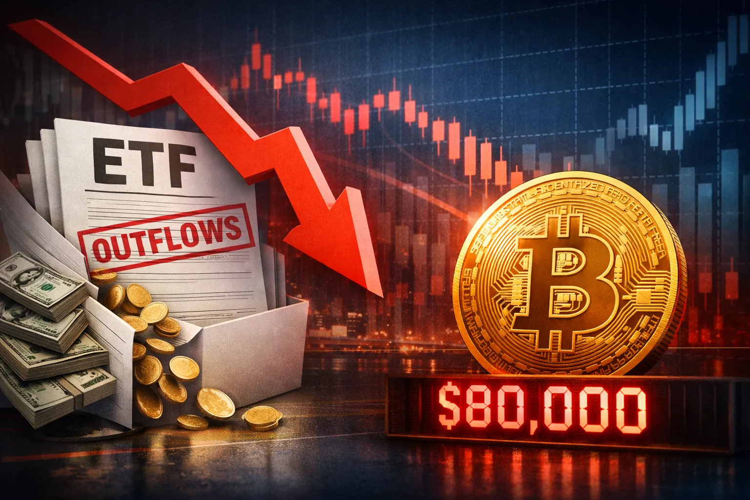 Digital illustration showing Bitcoin ETF outflows impacting market value — a red downward arrow labeled “ETF Outflows” points toward a golden Bitcoin coin beside a glowing red “$80,000” price display, with a declining candlestick chart in the background.