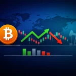 A vivid orange Bitcoin symbol set against a rich navy and cyan backdrop, accented by green and red trend lines, a faint candlestick overlay, and subtle silhouettes of an oil pumpjack and a dollar sign for added macro context..