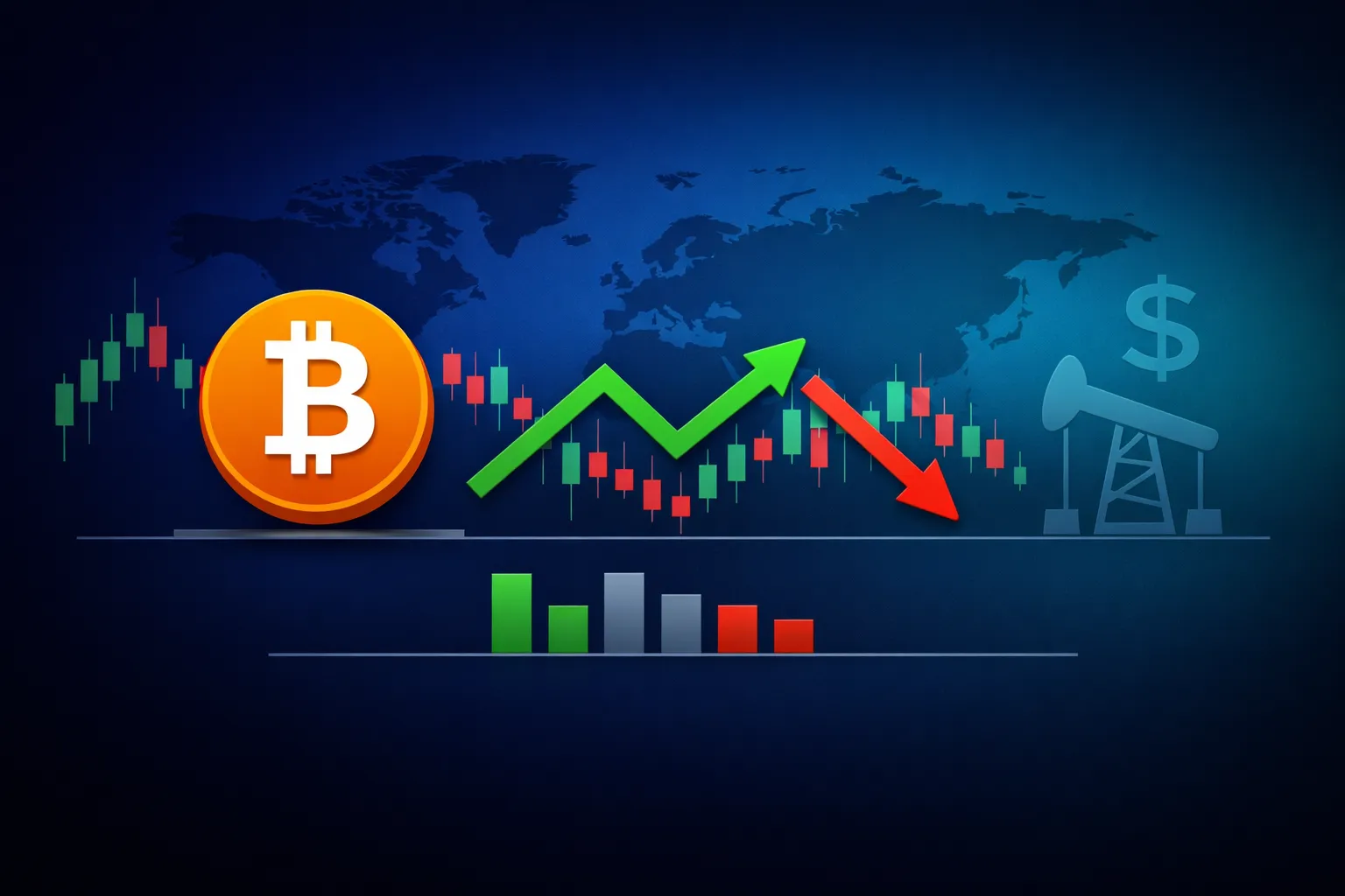 A vivid orange Bitcoin symbol set against a rich navy and cyan backdrop, accented by green and red trend lines, a faint candlestick overlay, and subtle silhouettes of an oil pumpjack and a dollar sign for added macro context..