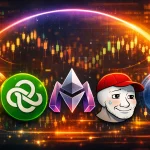 A vivid editorial illustration showing three cryptocurrency symbols—Ondo’s green infinity loop, MegaETH’s metallic purple‑silver emblem, and the Wojak meme figure—set against a glowing gradient arc from purple to orange. Behind them, candlestick charts and digital circuitry shimmer over a blurred city backdrop, evoking market volatility and momentum without any text elements.