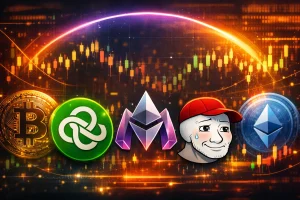 A vivid editorial illustration showing three cryptocurrency symbols—Ondo’s green infinity loop, MegaETH’s metallic purple‑silver emblem, and the Wojak meme figure—set against a glowing gradient arc from purple to orange. Behind them, candlestick charts and digital circuitry shimmer over a blurred city backdrop, evoking market volatility and momentum without any text elements.