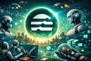 The Aptos logo centered around AI‑native elements like autonomous agents, machine‑speed markets, and digital‑economy motifs.