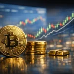 Golden Bitcoin coins stacked on a reflective table with graph charts in the background.