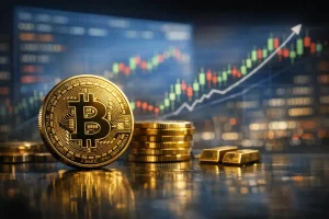 Golden Bitcoin coins stacked on a reflective table with graph charts in the background.