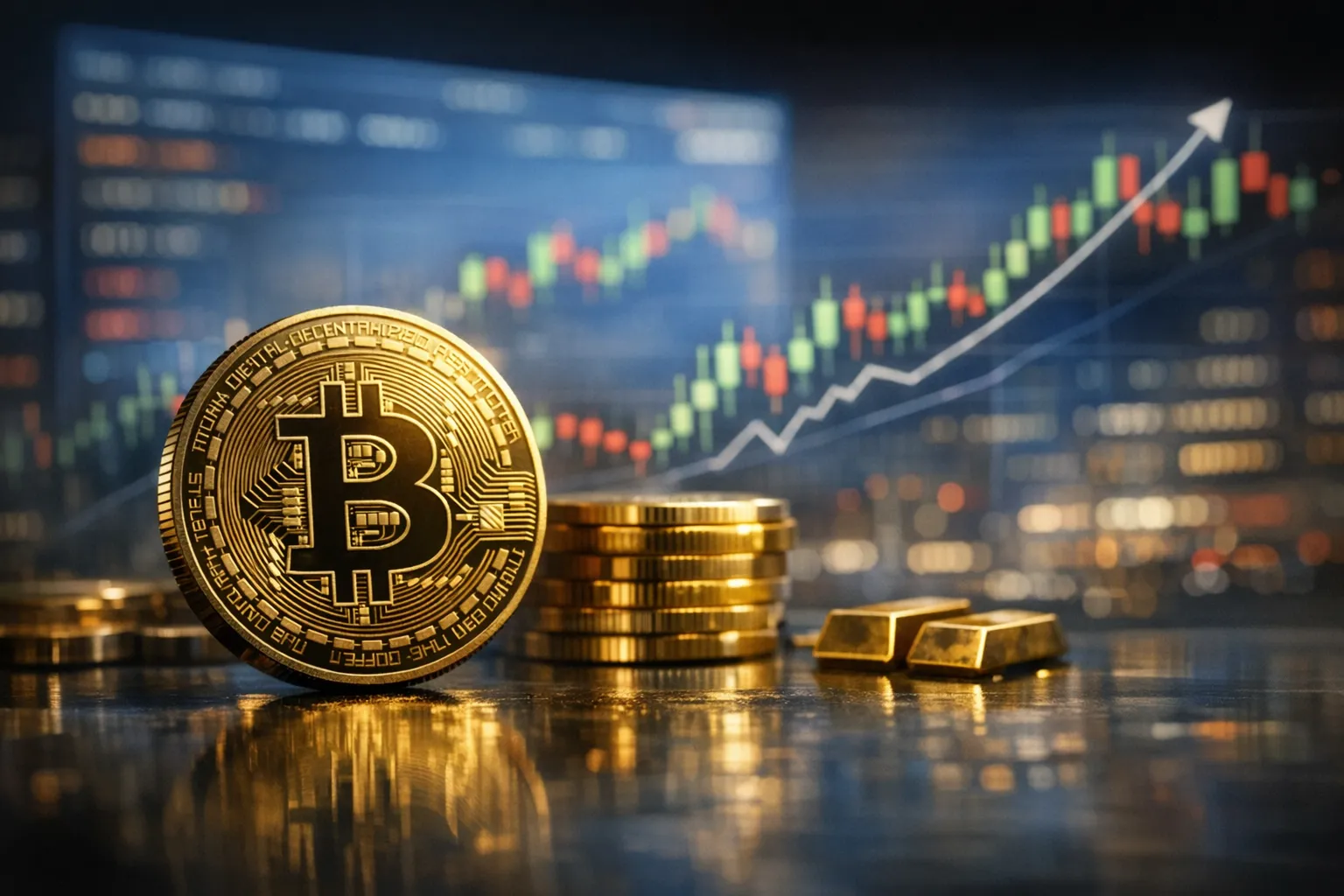 Golden Bitcoin coins stacked on a reflective table with graph charts in the background.