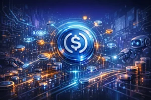 A futuristic digital illustration showing a glowing USD Coin (USDC) at the center, surrounded by luminous rings and connected to smaller coins and nodes through bright data lines. On the right, robotic hands and AI devices emit beams of light toward the USDC, representing autonomous machine‑to‑machine transactions. The background features abstract circuitry, neon data streams, and a blue‑purple cityscape, conveying the concept of gas‑free micro‑payments and AI‑driven commerce.