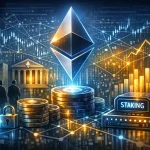 A glowing Ethereum symbol hovers above stacked ETH coins, surrounded by a classical bank building, silhouetted institutional investors, a digital staking device, and network lines with charts and arrows, representing large‑scale Ethereum staking and institutional blockchain growth.