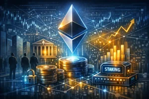 A glowing Ethereum symbol hovers above stacked ETH coins, surrounded by a classical bank building, silhouetted institutional investors, a digital staking device, and network lines with charts and arrows, representing large‑scale Ethereum staking and institutional blockchain growth.