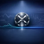 A metallic XRP emblem illuminated by a top‑down spotlight, surrounded by a deep‑navy and dark‑purple gradient. Behind it, you’ll notice soft order‑book geometry, thin vertical expiry markers, and abstracted commodity‑style chart traces — all rendered with muted teal and electric‑blue precision.