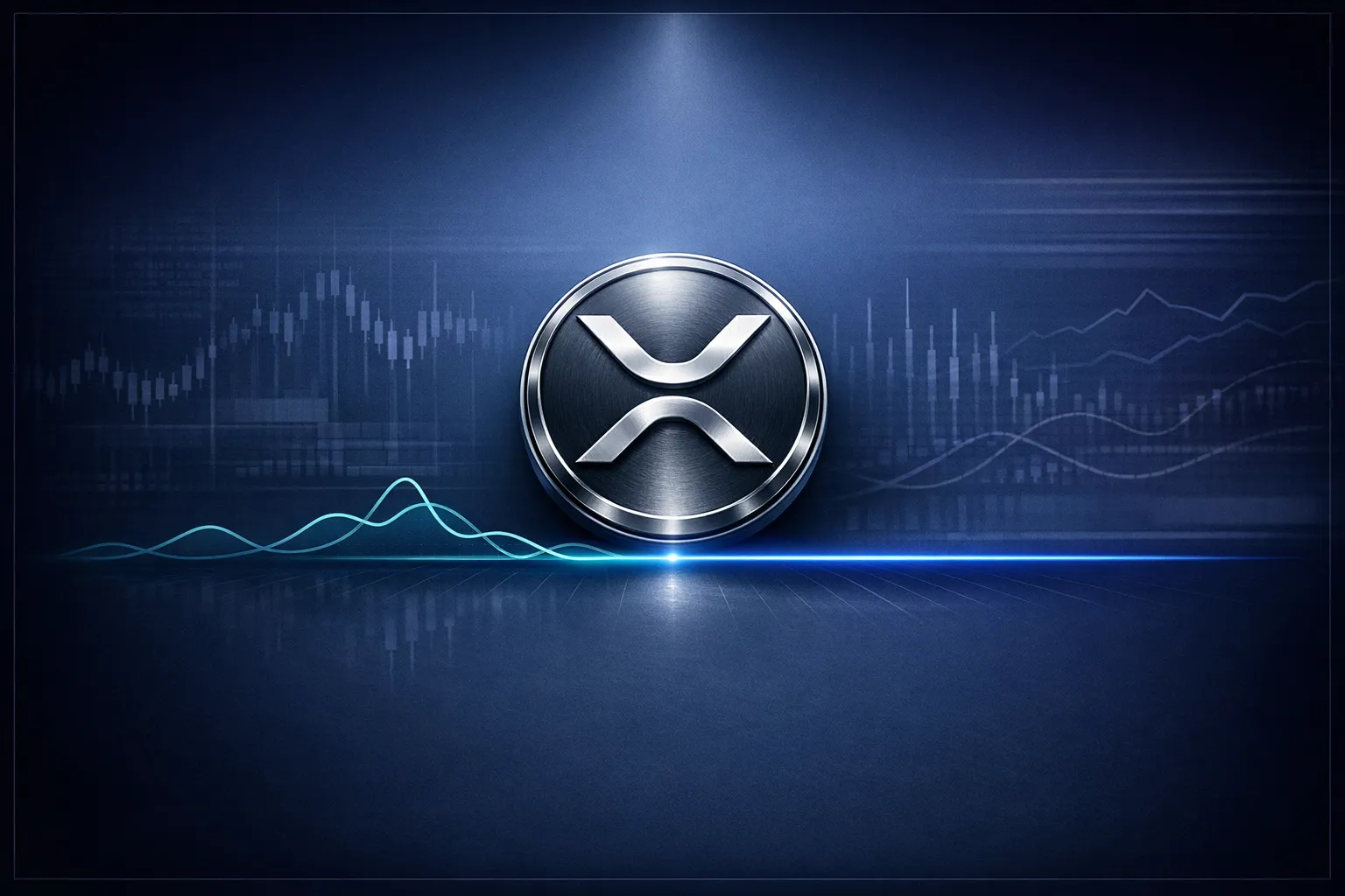 A metallic XRP emblem illuminated by a top‑down spotlight, surrounded by a deep‑navy and dark‑purple gradient. Behind it, you’ll notice soft order‑book geometry, thin vertical expiry markers, and abstracted commodity‑style chart traces — all rendered with muted teal and electric‑blue precision.
