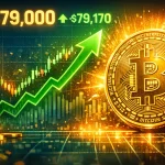 Bitcoin price surges above $79,000 with glowing upward arrow and golden coin symbolizing market momentum; digital charts and green candlesticks highlight bullish trend and institutional inflows.