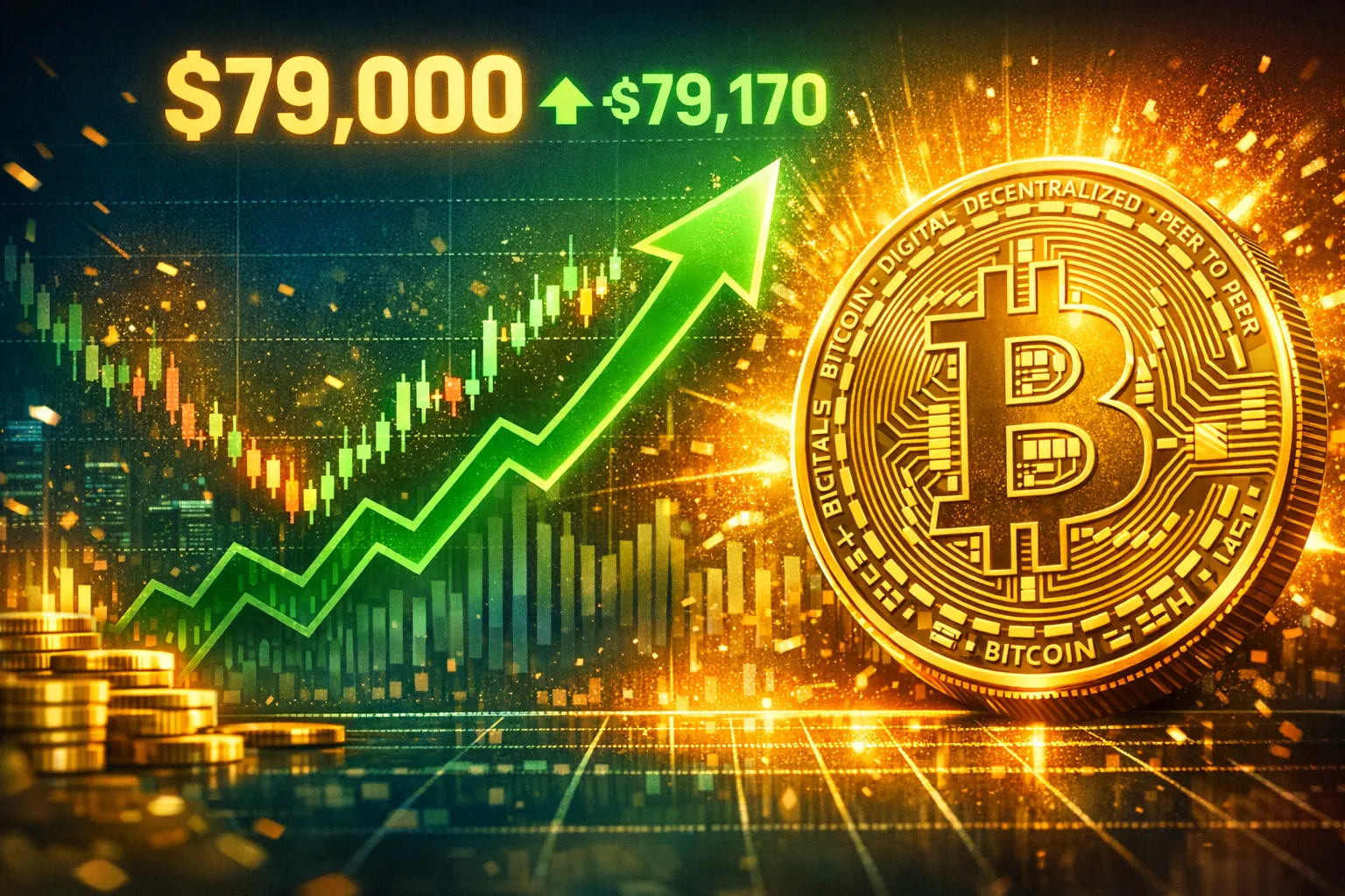 Bitcoin price surges above $79,000 with glowing upward arrow and golden coin symbolizing market momentum; digital charts and green candlesticks highlight bullish trend and institutional inflows.