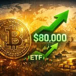 Editorial illustration showing Bitcoin’s surge past $80,000, with a golden Bitcoin coin, green upward arrow labeled ‘$80,000’ and ‘ETF,’ global map background, ships and fighter jets symbolizing eased geopolitical tensions, and gold bars beside a rising candlestick chart representing market growth.