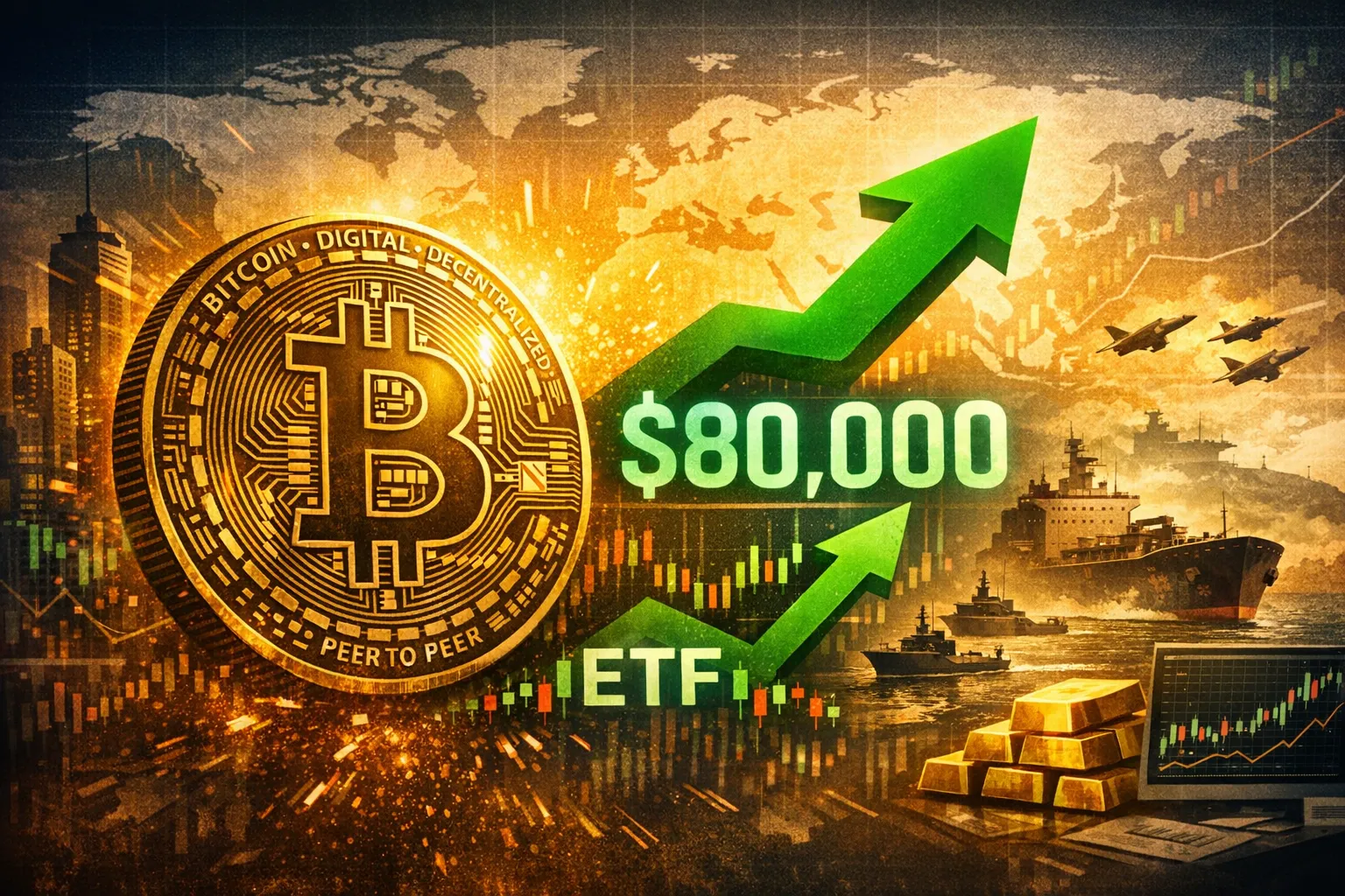 Editorial illustration showing Bitcoin’s surge past $80,000, with a golden Bitcoin coin, green upward arrow labeled ‘$80,000’ and ‘ETF,’ global map background, ships and fighter jets symbolizing eased geopolitical tensions, and gold bars beside a rising candlestick chart representing market growth.