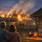 Twilight scene showing a couple standing outside their home in Granbury, Texas, looking toward a brightly lit Bitcoin mining facility emitting smoke and noise. A glowing Bitcoin symbol and industrial cooling fans dominate the background, while a ‘For Sale’ sign sits in the yard, symbolizing disruption from mining operations.