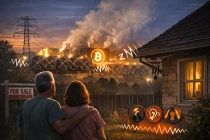 Twilight scene showing a couple standing outside their home in Granbury, Texas, looking toward a brightly lit Bitcoin mining facility emitting smoke and noise. A glowing Bitcoin symbol and industrial cooling fans dominate the background, while a ‘For Sale’ sign sits in the yard, symbolizing disruption from mining operations.
