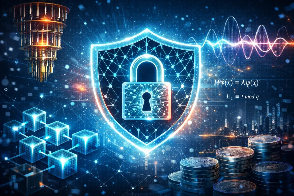 A futuristic digital illustration symbolizing quantum‑secure blockchain technology. At the center, a glowing padlock with a lattice‑patterned body is encased in a blue wireframe shield, both radiating light. To the left, a 3D blockchain network of interconnected cubes emits teal and blue light; to the right, stacks of digital coins glimmer with circuit engravings. In the background, a golden quantum computer and a blue‑purple quantum waveform hover above a faint cityscape, surrounded by floating binary code and cryptographic formulas. The overall palette blends cool blues and purples with warm golden highlights, conveying advanced cryptographic security.