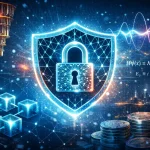 A futuristic digital illustration symbolizing quantum‑secure blockchain technology. At the center, a glowing padlock with a lattice‑patterned body is encased in a blue wireframe shield, both radiating light. To the left, a 3D blockchain network of interconnected cubes emits teal and blue light; to the right, stacks of digital coins glimmer with circuit engravings. In the background, a golden quantum computer and a blue‑purple quantum waveform hover above a faint cityscape, surrounded by floating binary code and cryptographic formulas. The overall palette blends cool blues and purples with warm golden highlights, conveying advanced cryptographic security.