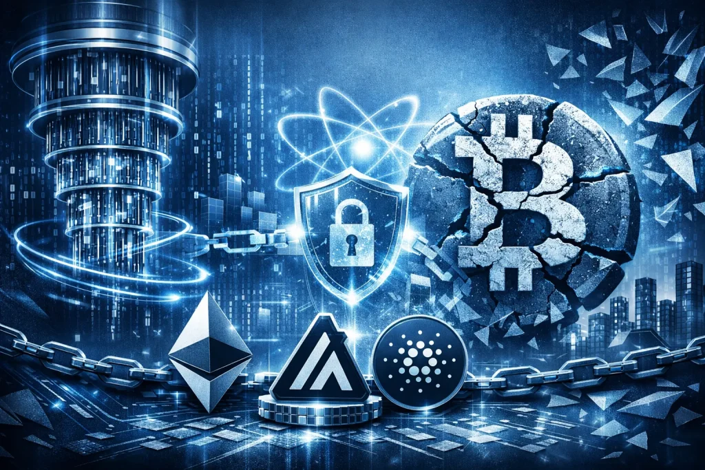 “Futuristic digital illustration in cool blue tones showing quantum blockchain security. A glowing quantum computer stands on the left, a cracked Bitcoin symbol emits light on the right, and a holographic shield with a keyhole glows at the center. Ethereum, Algorand, and Cardano logos rest on a reflective circuit board linked by digital chains, surrounded by binary code, padlock icons, and atomic orbit lines.”