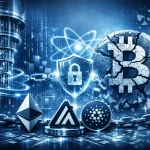 “Futuristic digital illustration in cool blue tones showing quantum blockchain security. A glowing quantum computer stands on the left, a cracked Bitcoin symbol emits light on the right, and a holographic shield with a keyhole glows at the center. Ethereum, Algorand, and Cardano logos rest on a reflective circuit board linked by digital chains, surrounded by binary code, padlock icons, and atomic orbit lines.”