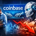 An illustration showing a dejected Coinbase employee carrying a box of personal items while a glowing Coinbase logo and robotic hands type on a keyboard in the background. A futuristic AI robot with a blue eye faces forward beside falling dollar signs, coins, and a red downward arrow symbolizing layoffs and automation. The composition uses cool blue tones contrasted with warm reds to depict the tension between human job loss and AI‑driven efficiency.