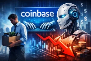 An illustration showing a dejected Coinbase employee carrying a box of personal items while a glowing Coinbase logo and robotic hands type on a keyboard in the background. A futuristic AI robot with a blue eye faces forward beside falling dollar signs, coins, and a red downward arrow symbolizing layoffs and automation. The composition uses cool blue tones contrasted with warm reds to depict the tension between human job loss and AI‑driven efficiency.