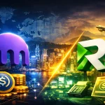 Digital illustration showing Kraken’s purple octopus logo and Reap Technologies’ green R logo connected by a diagonal light beam over Hong Kong’s skyline, symbolizing a $600M acquisition and stablecoin-powered B2B payments expansion.